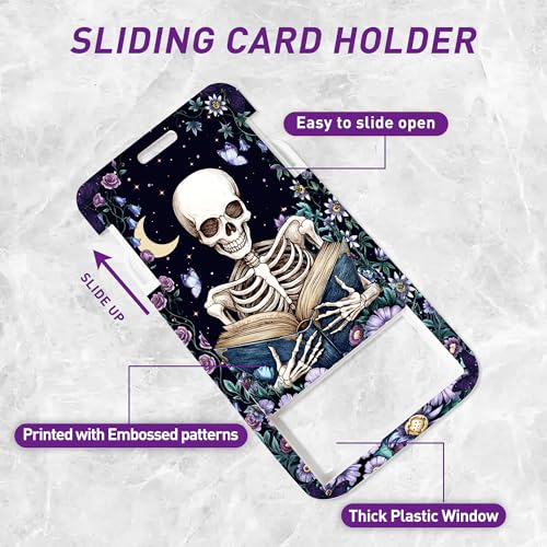 Skeleton Floral Lanyard with ID Badge Holder and Retractable Badge Reel - color: Skeleton Reading Floral