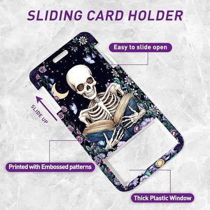 Skeleton Floral Lanyard with ID Badge Holder and Retractable Badge Reel - color: Skeleton Reading Floral