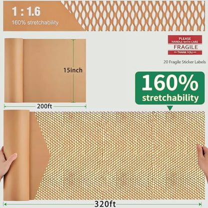 Honeycomb Packing Paper - Biodegradable Bubble Wrap Alternative 15"x200 FT, 80gsm with 20 Fragile Sticker Labels | Eco-Friendly Cushioning for Shipping, Moving & Small Business Packaging,Fragile Items - size: 15 Inch x 200 Feet