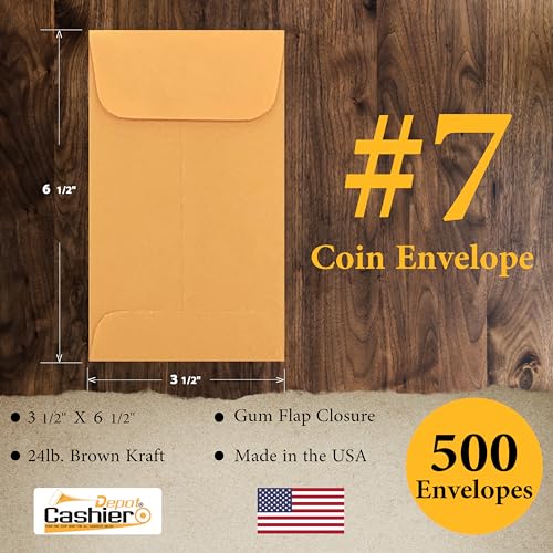 500 Cashier Depot - #7 Coin Envelopes, 3.5 x 6.5 Inches, Brown Kraft Paper, Gummed Flap Closure, for Cash, Receipts and Small Parts Storage, 500 Count