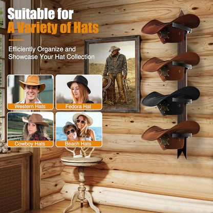 Cinati Cowboy Hat Rack Wall Mount - Rustic Wooden Western Metal Cowboy Hat Holder & Hanger Organizer with Arrow Sign Board for Bedroom, Hallway & Doorway - Holds 4 Hats, Fedora, Sun Hats, Gift for Him - size: Walnut-1 Pack