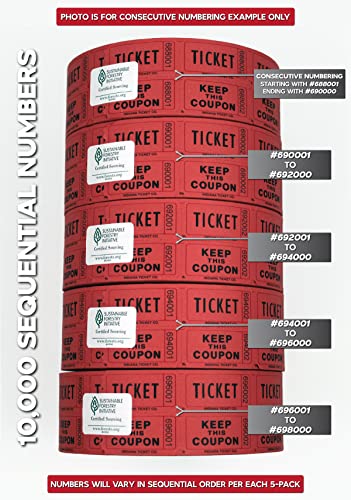 Raffle Tickets Roll, Red, 10,000 Consecutively Numbered - color: C - Red, size: 10,000