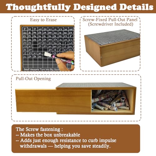 Wooden Money Saving Box with Tracker,Cash Saving Challenge Box with Money Target,Cion Cash Vault for Adults Kids, Piggy Bank for Boys and Girls (Light Brown)