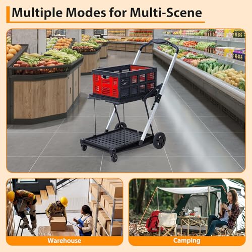 Foldable Shopping Cart, 1 Storage Crate, 2 Tier Collapsible Utility Cart - color: Red