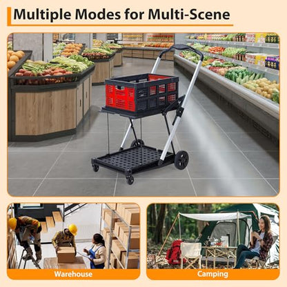 Foldable Shopping Cart, 1 Storage Crate, 2 Tier Collapsible Utility Cart - color: Red