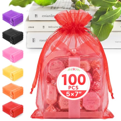 ANZNKU 100PCS Organza Bags 5x7 Red Small Gift Mesh Drawstring Goodie Bags - color: Red
