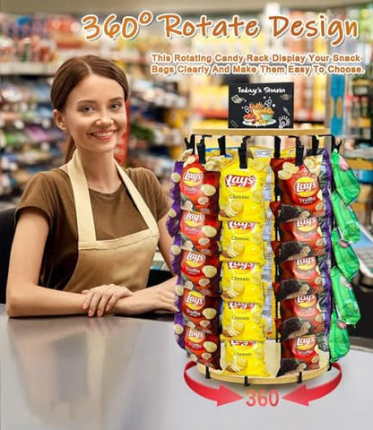 Chip Rack Display Stand, 5 Tier 40 Clips Display Stand, Rotating - color: Light Wood- 2025 Upgraded