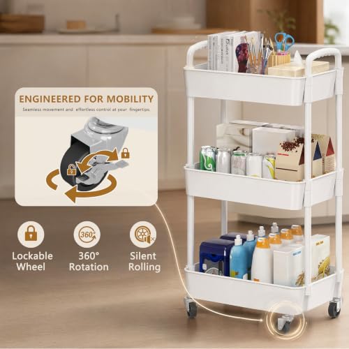 3 Tier Rolling Cart with Wheels, Utility Storage Carts,White - color: White, size: 3-Tier
