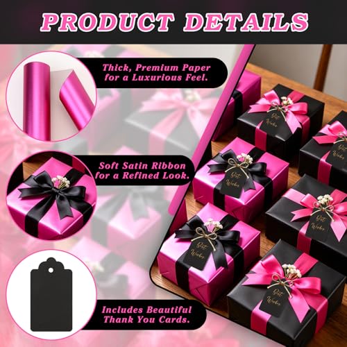 CORNER LACE Rose Red Black Gift Metallic Shiny Foil Wrapping Paper Set 240" - color: Rose Red & Black