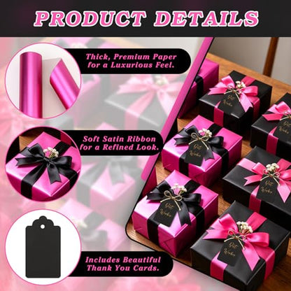 CORNER LACE Rose Red Black Gift Metallic Shiny Foil Wrapping Paper Set 240" - color: Rose Red & Black