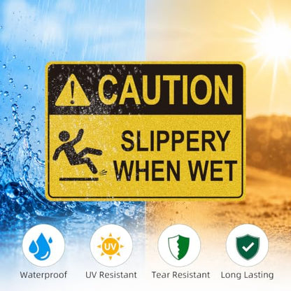 Slippery When Wet Sign, 10 x 7 Inch 2 Pack Caution Wet Floor Vinyl Sticker | Reflective Waterproof Warning Sign Decal, Fade Resistant Safety Sign for Commercial, Office, Warehouse, Restaurant