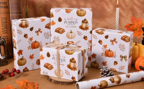 Sikiweiter Fall Pumpkin Wrapping Paper Roll, 17 Inches x 16.5 Feet, Autumn Pumpkin Plaid Bow Maple Leaf Cozy Gift Wrap for Thanksgiving and Fall Harvest(Autumn) - color: Autumn