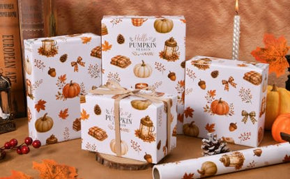 Sikiweiter Fall Pumpkin Wrapping Paper Roll, 17 Inches x 16.5 Feet, Autumn Pumpkin Plaid Bow Maple Leaf Cozy Gift Wrap for Thanksgiving and Fall Harvest(Autumn) - color: Autumn