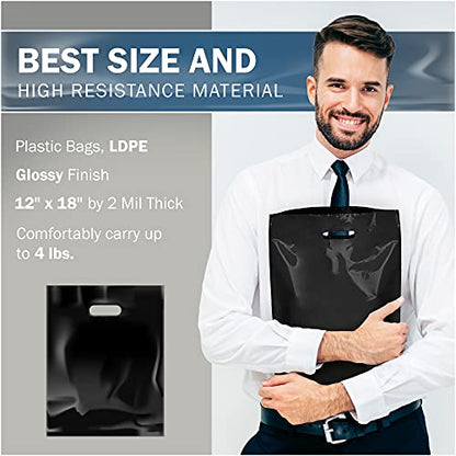 12x18 Black Plastic Bags, Medium, Glossy Finish, 2 Mil Thick, 100 Pack