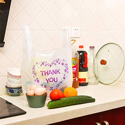 LazyMe Thank You T Shirt Bags, White Plastic Grocery Bags with Handles, Standard Supermarket Size, 12 x 20 inch (100 PCS)