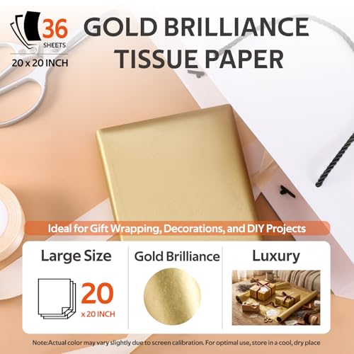 SUNCOLOR 36 Sheets Gold Tissue Paper for Gift Bags, 20 x 20 Inch Shiny Metallic Wrapping Paper for Christmas Weddings Birthdays and Crafts - color: Gold