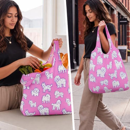 Stelle Lightweight Reusable Grocery Bag with Handles Ripstop Nylon Foldable Tote Shopping Bags for Travel and Groceries - color: Charlie Pals | Pink
