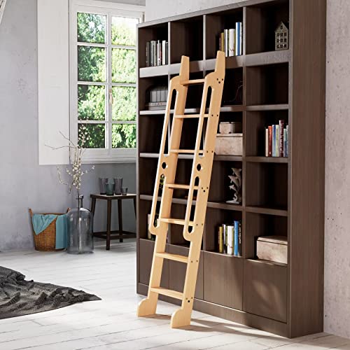 7 ft Rolling Library Ladder, Sturdy Wood Step and Build-in Handrail, Multi-use for Loft Stairs/Bookshelf, Red Oak (Total Length 86.7’’)
