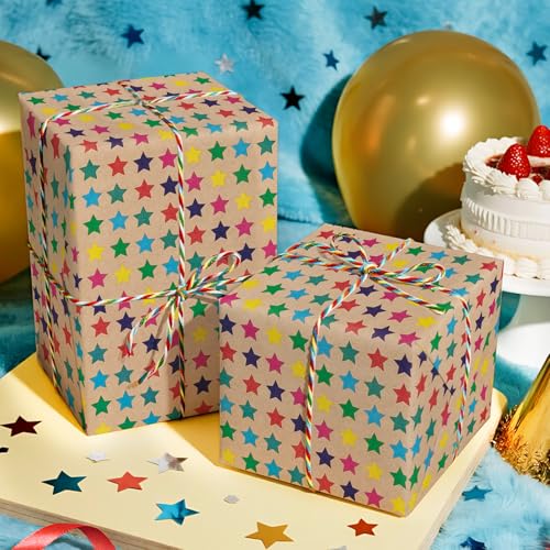 WRAPAHOLIC Kraft Wrapping Paper Roll - Striped Brown Kraft Paper for Birthday Gift Wrapping - 17in x 32.5in Each Roll, Total 46 Sq. Ft. - Stars - color: Stars, size: 1 roll (Pack of 1)