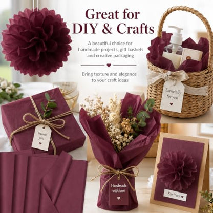 ROVIBIOBIO 100 Sheets Burgundy Tissue Paper for Gift Bags, 20 x 14 Inch - color: Burgundy