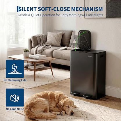 2x8 Gal Dual Compartment Stainless Steel Kitchen Trash Can with Lid, 30L+30L Recycling Garbage Bin, Soft Close Foot Pedal Trash Bin with 2 Removable Inner Buckets, Fingerprint Resistant for Home Offic - color: Black, size: 2x8 Gal