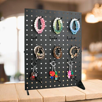 2 Pcs Metal Pegboard Display Stand with 30 Peg board Hooks, Desk Pegboard Shelf for Craft Shows & Fairs, Retail Stores, Vendors Arts and Crafts Finishing - 17x13Inch & Black - color: Black&2