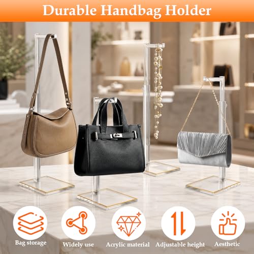 6Pcs Clear Acrylic Display Stand Bundle with Gold Trim, 4 Adjustable Purse Holders (14"-24") & 2 Widen 3-Tier Wallet Risers, Handbag and Clutch Countertop Organizer Rack Set for Retail Boutique