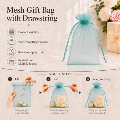 Jexila 100 Pack Teal Organza Gift Bags 5X7 Satin Drawstring Mesh Gift Pouch - color: Aqua