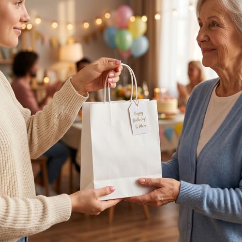 OUTUXED 100pcs 8x4x10in White Paper Bags with Handles Kraft Paper Gift Bags - color: White 8x4x10in, size: 1 Count (Pack of 100)