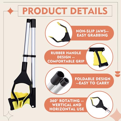 Ctosree 8 Pack 32" Trash Grabber Reacher Tool for Elderly, Foldable Litter Picker Upper, Lightweight Trash Pick up Stick, Long Handy Mobility Aids for Home Garden Arm Extension(Yellow) - color: Yellow