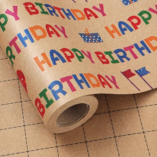 Ulmasinn Kraft Birthday Wrapping Paper Roll - 17" x 16.4 Ft with Grid Cut Lines, Happy Birthday Print for Easy Wrapping, Kids Party, Baby Shower - color: Kraft Birthday