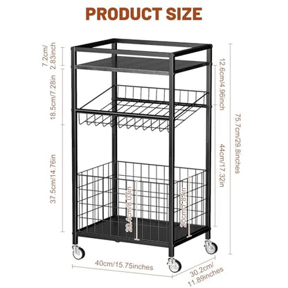 Fruit Vegetable Cart, 3-Tier Snack Cart on Wheels & Wood Top, Black - color: Black, size: 3 Tier(12 in)