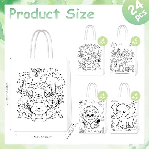 Lyosehy 24Pack Jungle Animal Coloring Paper Bags Color Your Own Animal Bags with Handles Safari Paper Coloring Crafts Art Painting Party Favors Supplies Gifts Wrapping