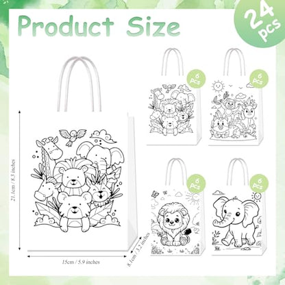Lyosehy 24Pack Jungle Animal Coloring Paper Bags Color Your Own Animal Bags with Handles Safari Paper Coloring Crafts Art Painting Party Favors Supplies Gifts Wrapping