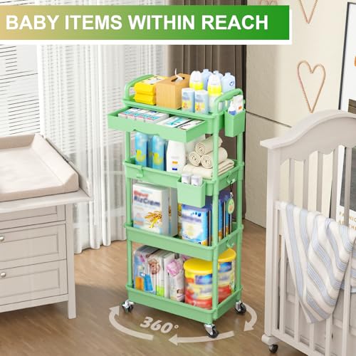 Goovilla 4 Tier Rolling Utility Cart Organizer with Removable Drawer, Green - size: 4 Tier, style: Green