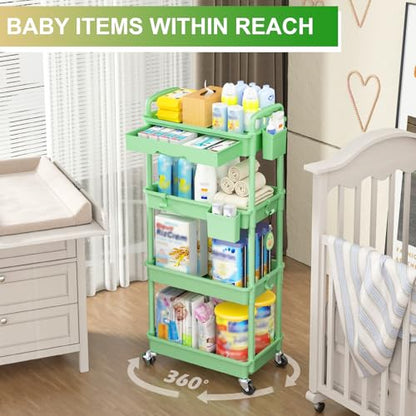 Goovilla 4 Tier Rolling Utility Cart Organizer with Removable Drawer, Green - size: 4 Tier, style: Green
