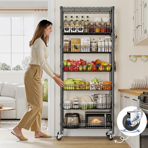 DurayLoly 7-Tier Wire Shelving Unit with Basket Shelf & Wheels - size: 72" H x 30" W x 14" D