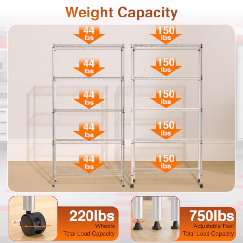 BestOffice | 5-Tier Wire Shelf with Wheels | 14" x 30" x 60" | Chrome - color: Chrome, size: 14"D x 30"W x 60"H