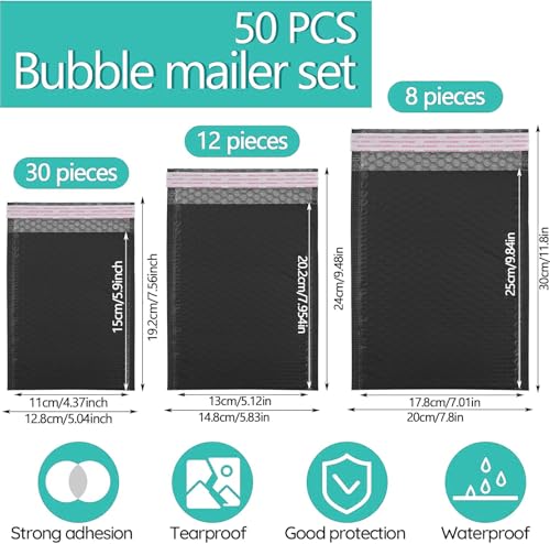50 Pcs Bubble Mailers,Black Bubble Envelopes,Waterproof Self Seal Adhesive Shipping Bags,Poly Padded Envelopes,Bubble Padded Cushion Envelopes for Mailing Packing Small Business