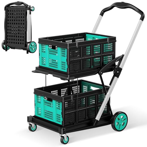 Collapsible Shopping Cart, 8-in-1 200LBS Multi Functional Utility Cart with 2 Storage Crate, Adjustable Handle Grocery Cart on Wheels for Shopping/Warehouse/Office/Supermarket - Blue