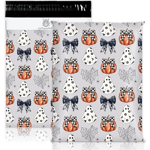 JarThenaAMCS 100Pcs Halloween Poly Mailers 10 x 13 Inch Ghost Pumpkin Bow Packaging Bags Self Seal Mailing Envelope Bags for Small Business Packing Moving
