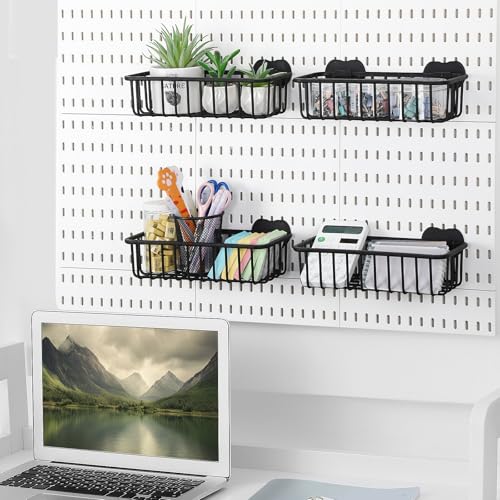 Maxdot 4 Pcs Pegboard Baskets with Hook, Compatible with IKEA Skadis, Black
