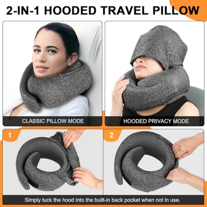 Travel Pillow - Hooded Neck Pillow Airplane Memory Foam Filling - color: Pink