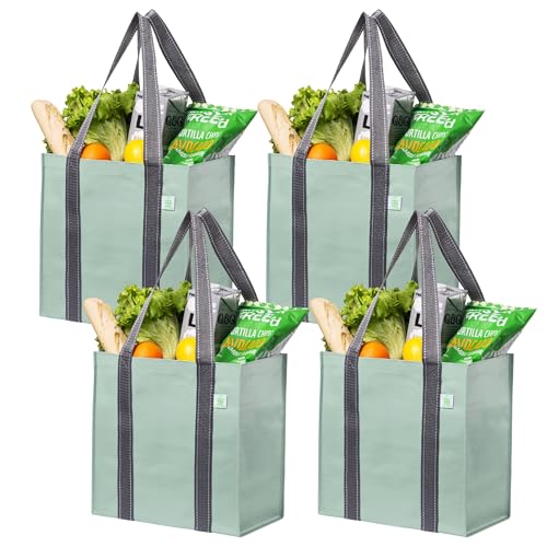 VENO 2/4 Pack Compact Reusable Grocery Shopping Bags with Hard Bottom - color: Light Green-4 Pack