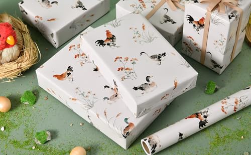 Sikiweiter Ink Painting Farm Animal Wrapping Paper Roll, 17 Inch x 16.5 Feet, Watercolor Duck and Rooster Gift Wrap with Floral Grass Design, Rustic Farmhouse Wrapping Paper for Birthday, Baby Shower, Spring Gifts(Chickens and Ducks) - color: Chickens and