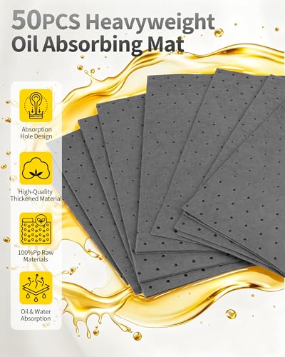 Oil Absorbent Pads, 9.8" x 13" Heavyweight Oil&Water Absorbent Mat Pad, Dimpled Leak Proof Pad, Microfiber Polypropylene, Absorbs Oil Grease Coolant Water-Based Fluids, for Car Motorcycle(Gray, 50Pcs)