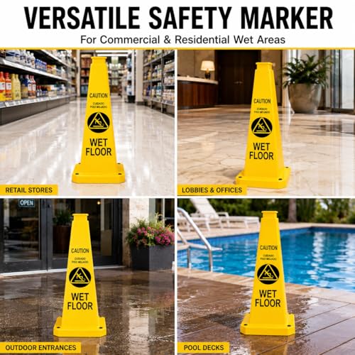 BESEA Wet Floor Sign 3 Pack, 28 Inch Heavy Duty Weighted Caution Cones - color: Yellow, size: 28INCH With Caution Sign