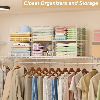 Huxitocan 6-Tier Stackable Closet Organizers and Storage Basket - Foldable Closet Shelf Organizer System, Sturdy Metal Space-Saving Clothes Storage Bins for Wardrobe, White(Patent Pending) - size: 6-Tier