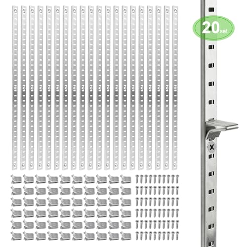 20 Sets 17 Inch Pilaster Shelf Brackets, Adjustable Mortise Mount Shelf Rails with 3 Pilaster Clips and Screws for Wall Shelving System