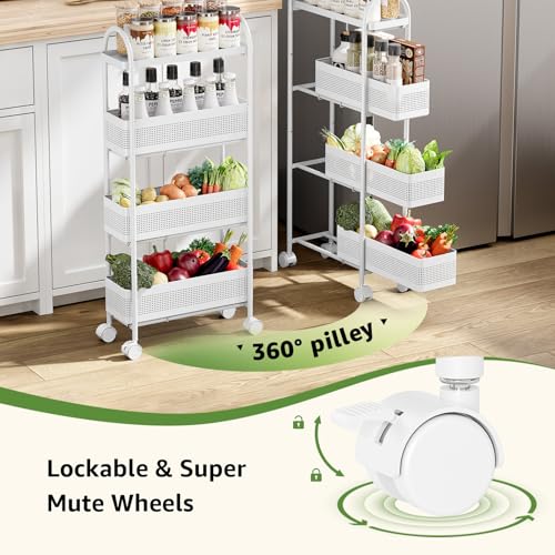 KINGRACK 4 Tier Slim Rolling Cart with Drawer, Metal Utility Storage Cart - color: White, size: 4 Tier-3BKT